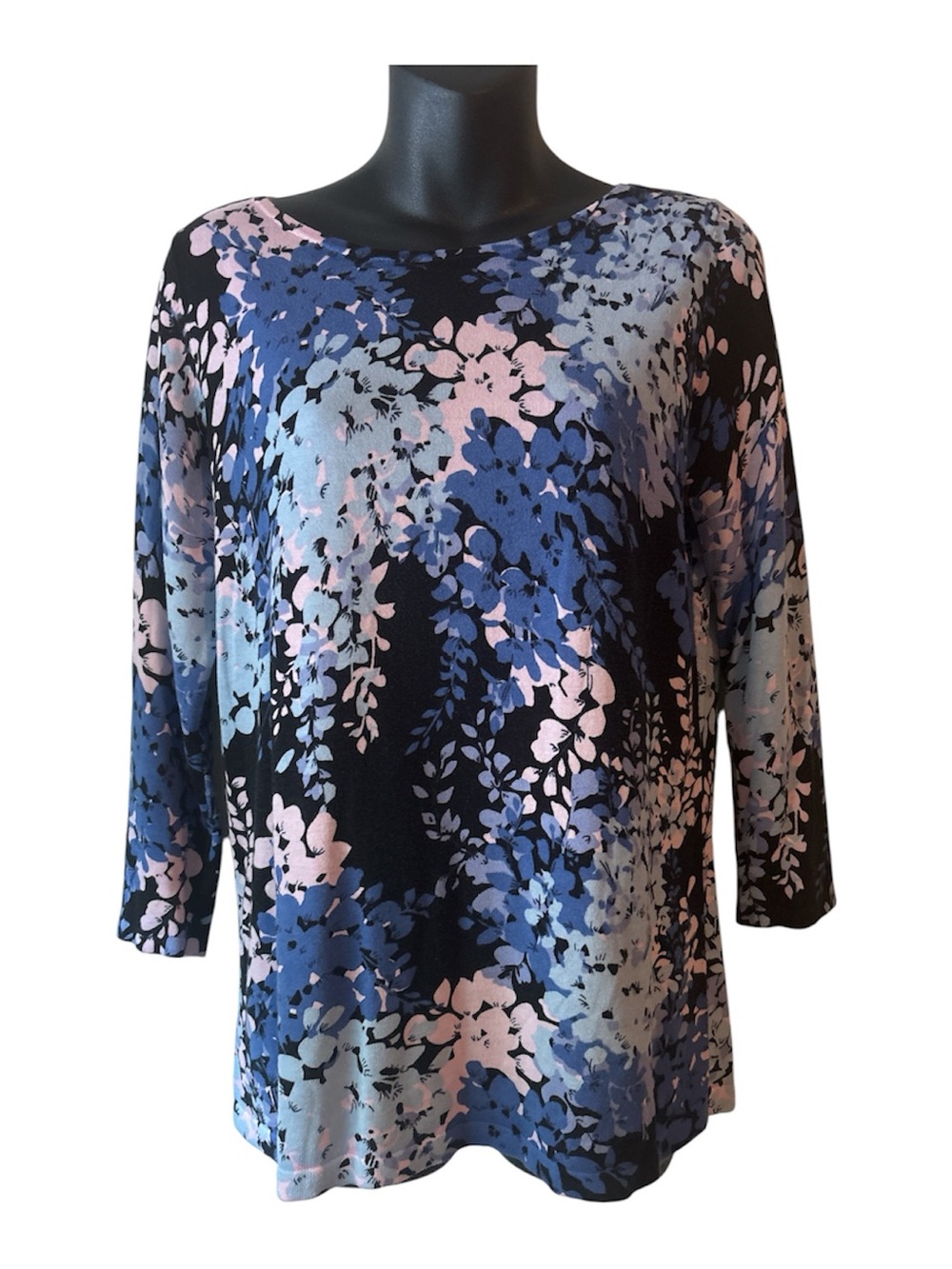 Talbots Blue Floral Boatneck Lightweight Knit Top with Blue and Pink Accents